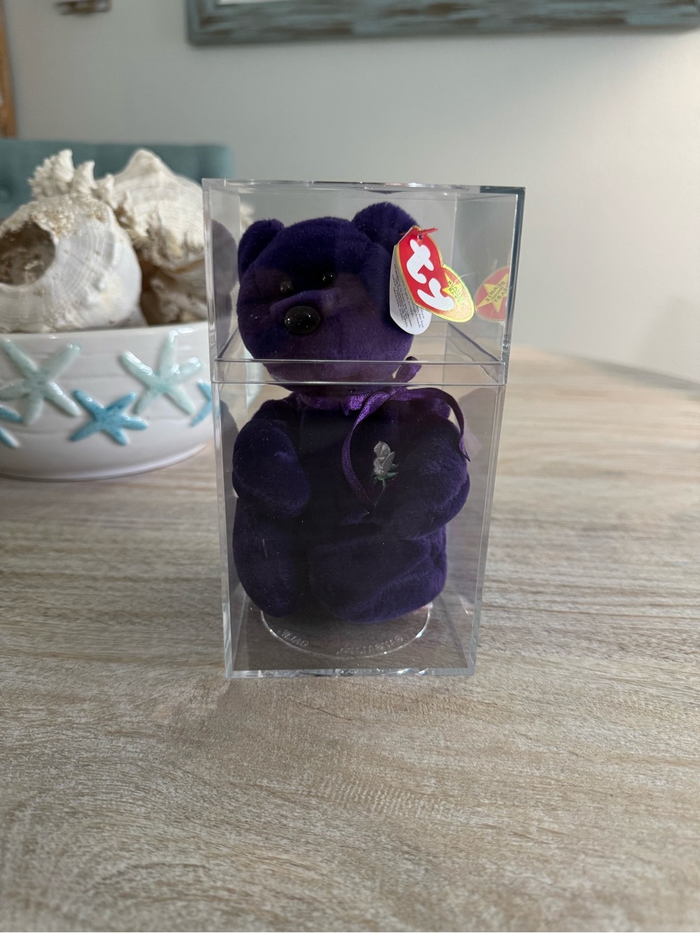 Ty “Princess Diana” Purple Beanie Baby Bear with Ribbon and Heart Emblem